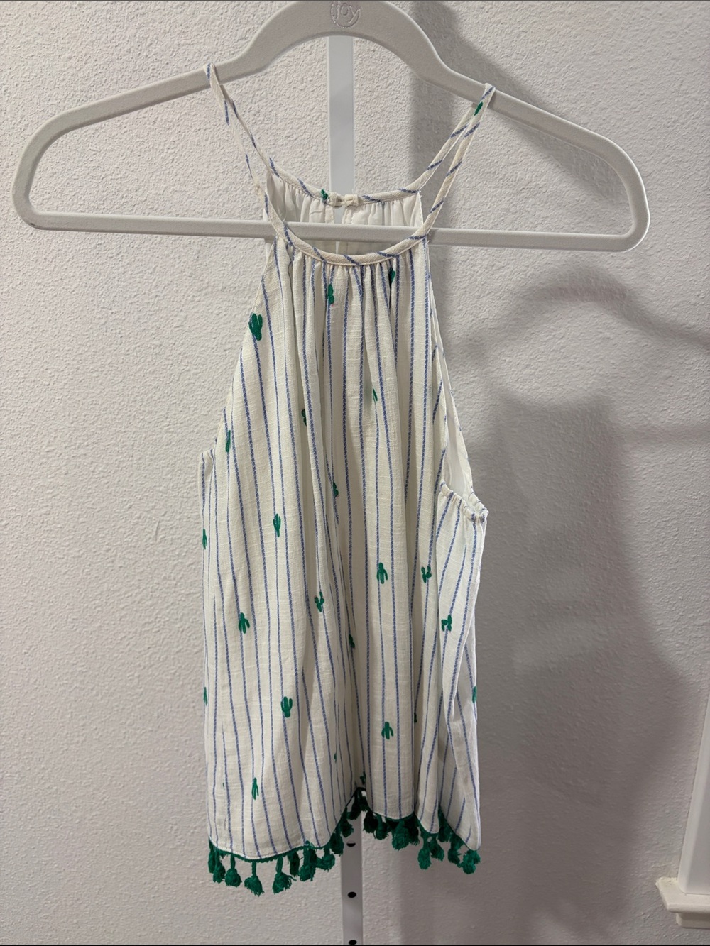 Blue Rain White Striped Halter Cami with Blue Stripes and Green Tassel Trim
